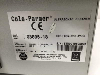 Used Cole Parmer 08895-18 Ultrasonic Cleaner, Stainless Steel, 1 Gal, 60 Min, 220VAC