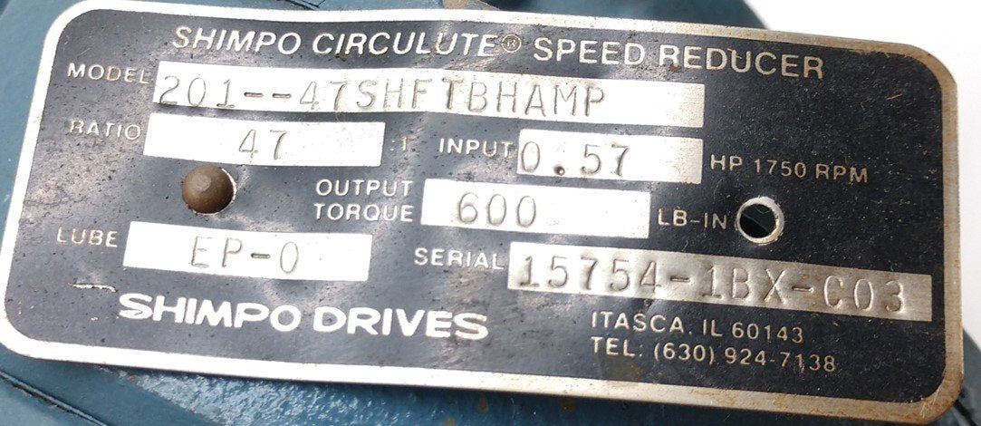 Used Shimpo 201-47SHFTBHAMP Speed Reducer, Ratio: 47:1, 600LB-IN, 0.57HP @1750RPM