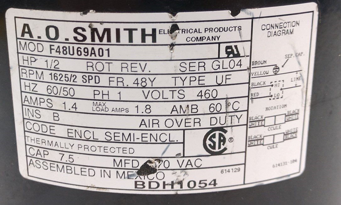 Used A.O. Smith F48U69A01 Electric Motor, 1/2HP, RPM: 1625/2 SPD, 50/60Hz, 1PH, 460V