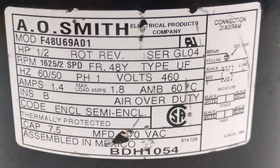 Used A.O. Smith F48U69A01 Electric Motor, 1/2HP, RPM: 1625/2 SPD, 50/60Hz, 1PH, 460V