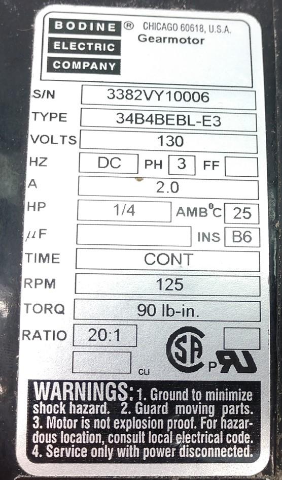 Used Bodine 34B4BEBL-E3 Gearmotor 20:1, 130VDC, 90 lb-in, 2A, 3 Phrase, 1/4HP, 125RPM