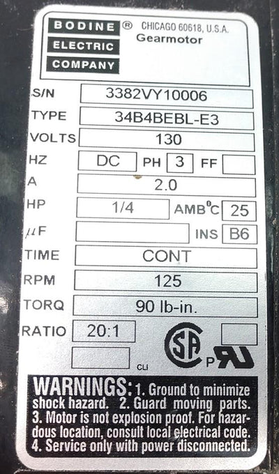 Used Bodine 34B4BEBL-E3 Gearmotor 20:1, 130VDC, 90 lb-in, 2A, 3 Phrase, 1/4HP, 125RPM