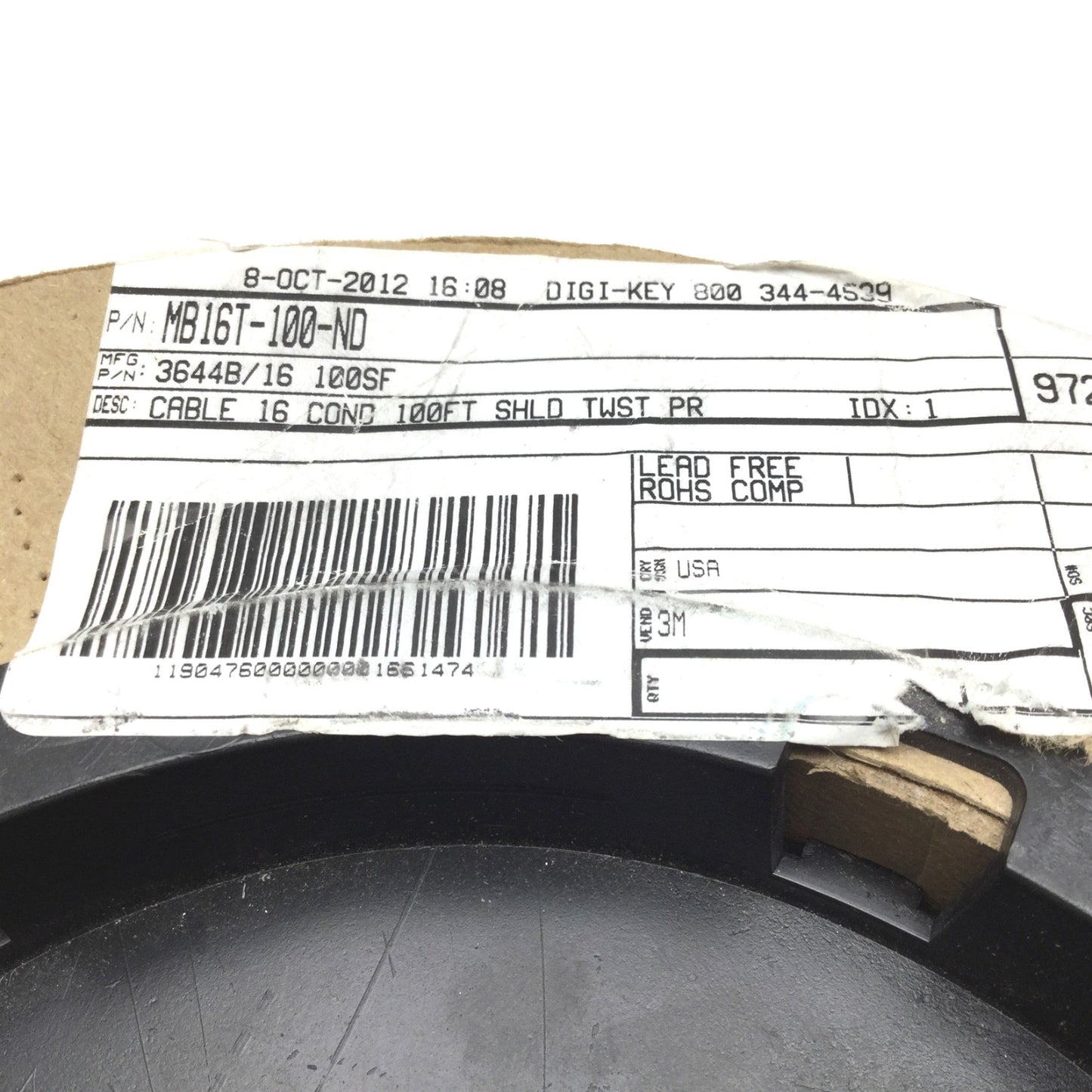 Used 3M MB16T-100-ND 16-Conductor Cable Spool, Length: ~70 Feet, Wire Size: 28 AWG