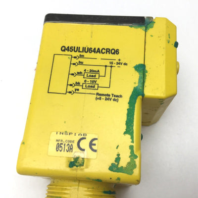 Used Banner Q45ULIU64ACRQ6 Ultrasonic Sensor, Range: 100-1400mm, 15-24VDC, *Residue*