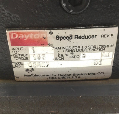 Used Dayton 4Z007 Speed Reducer, 5:1 Ratio, Input Power 1HP, Shaft Diameter: 5/8"