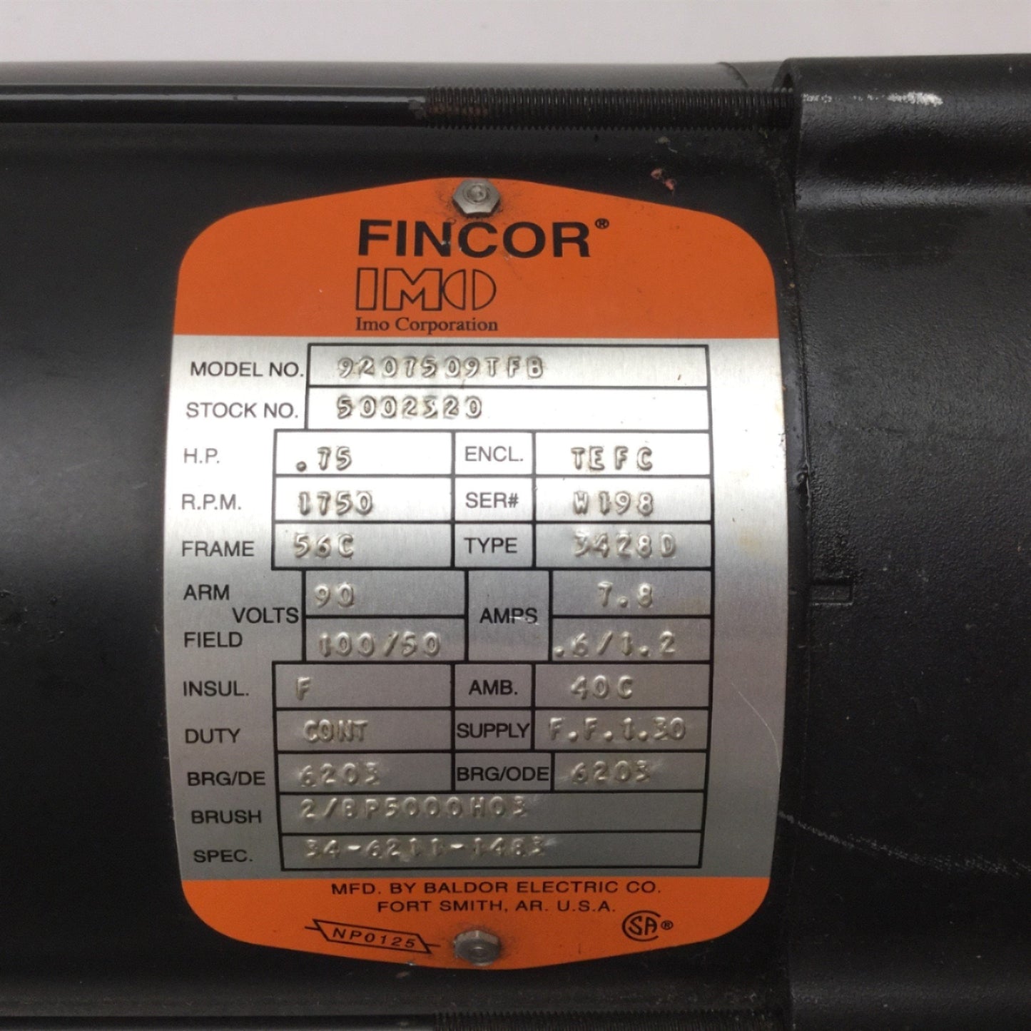 Used Fincor 9207509TFB DC Motor, 90VDC, Frame: 56C, Power: 3/4HP, Shaft: 5/8"
