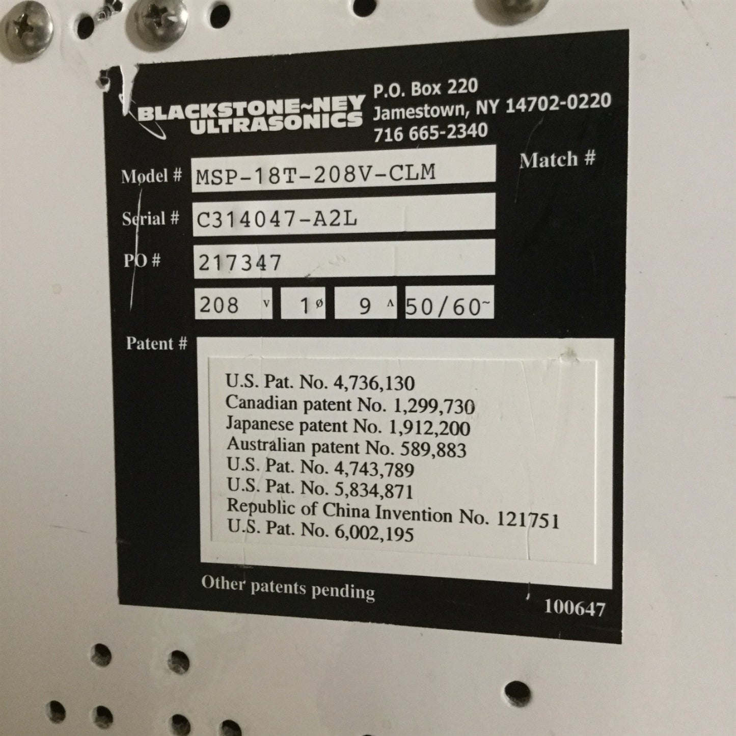 Used Blackstone-NEY MSP-18T-208V-CLM Multisonik Ultrasonic Generator, Supply: 208V 9A