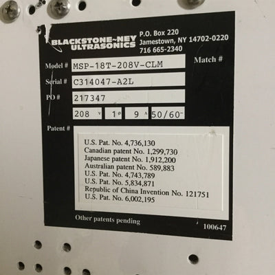 Used Blackstone-NEY MSP-18T-208V-CLM Multisonik Ultrasonic Generator, Supply: 208V 9A