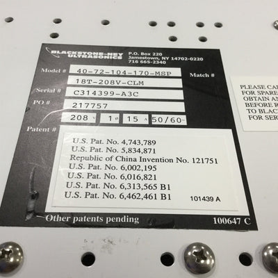 Used Blackstone-NEY 40-72-104-170-MSP-18T-208V-CLM Multisonik Ultrasonic Generator