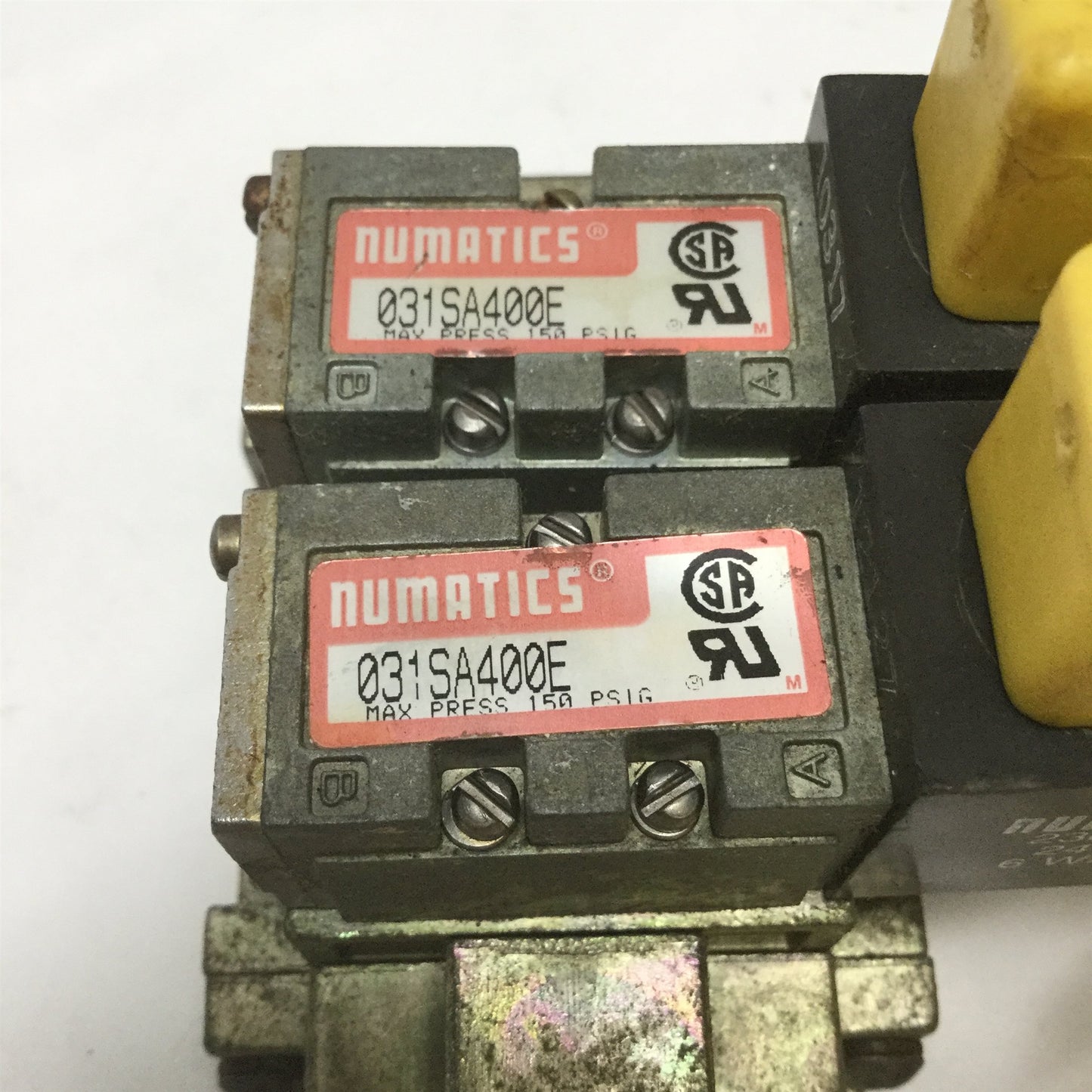 Used Numatics 031SA400E Solenoid Air Valves (x2) on Base 1/8 NPT, 150psi, 24VDC Coil