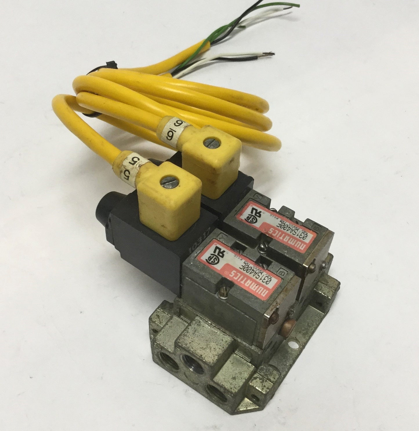Used Numatics 031SA400E Solenoid Air Valves (x2) on Base 1/8 NPT, 150psi, 24VDC Coil