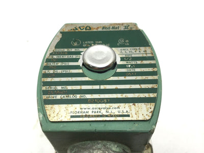 Used Asco 8210G87 Red Hat Solenoid Valve, Ports: 0.5" NPT, Voltage: 120VAC