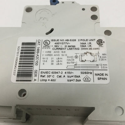 Used Allen-Bradley 1489-A2C150 Circuit Breaker, 15A, 2-Pole, 480Y/277VAC, 48VDC