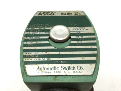 Used Asco 8210G87 Red Hat II Solenoid Valve, Ports: 0.5" NPT, Voltage: 120VAC, 17.1