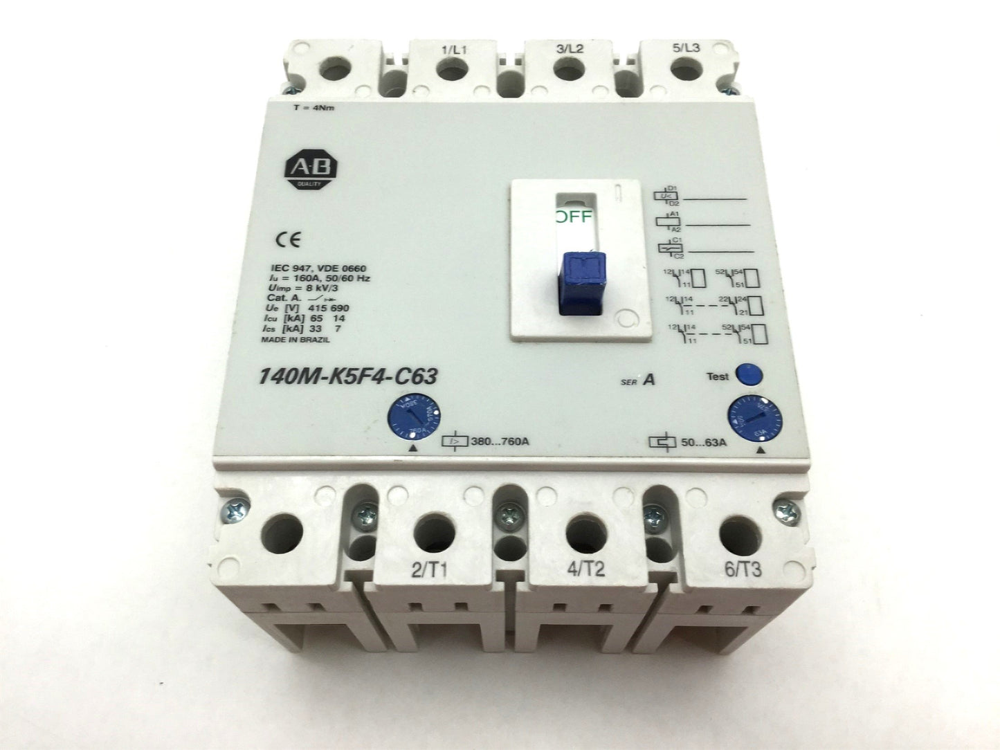 Used Allen Bradley 140M-K5F4-C63 Circuit Breaker, Voltage: 400VAC 50/60Hz 160A 4 Pole