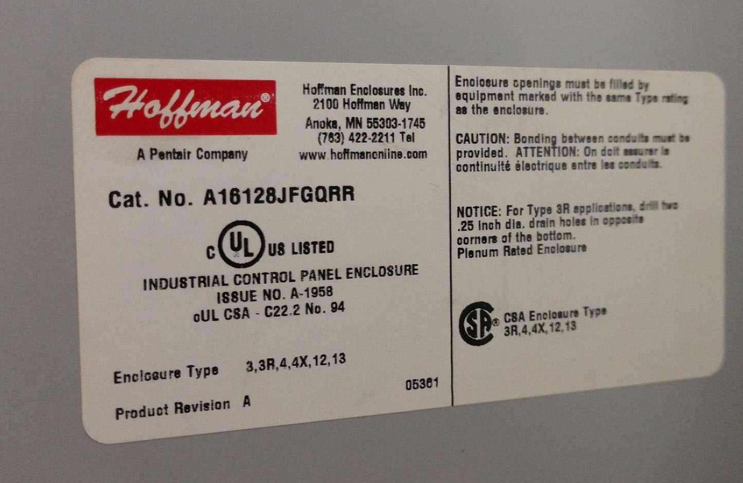 Used Hoffman A16128JFGQRR Quick Release Enclosure Nonmetallic, 16" x 12" x 8" *Holes*