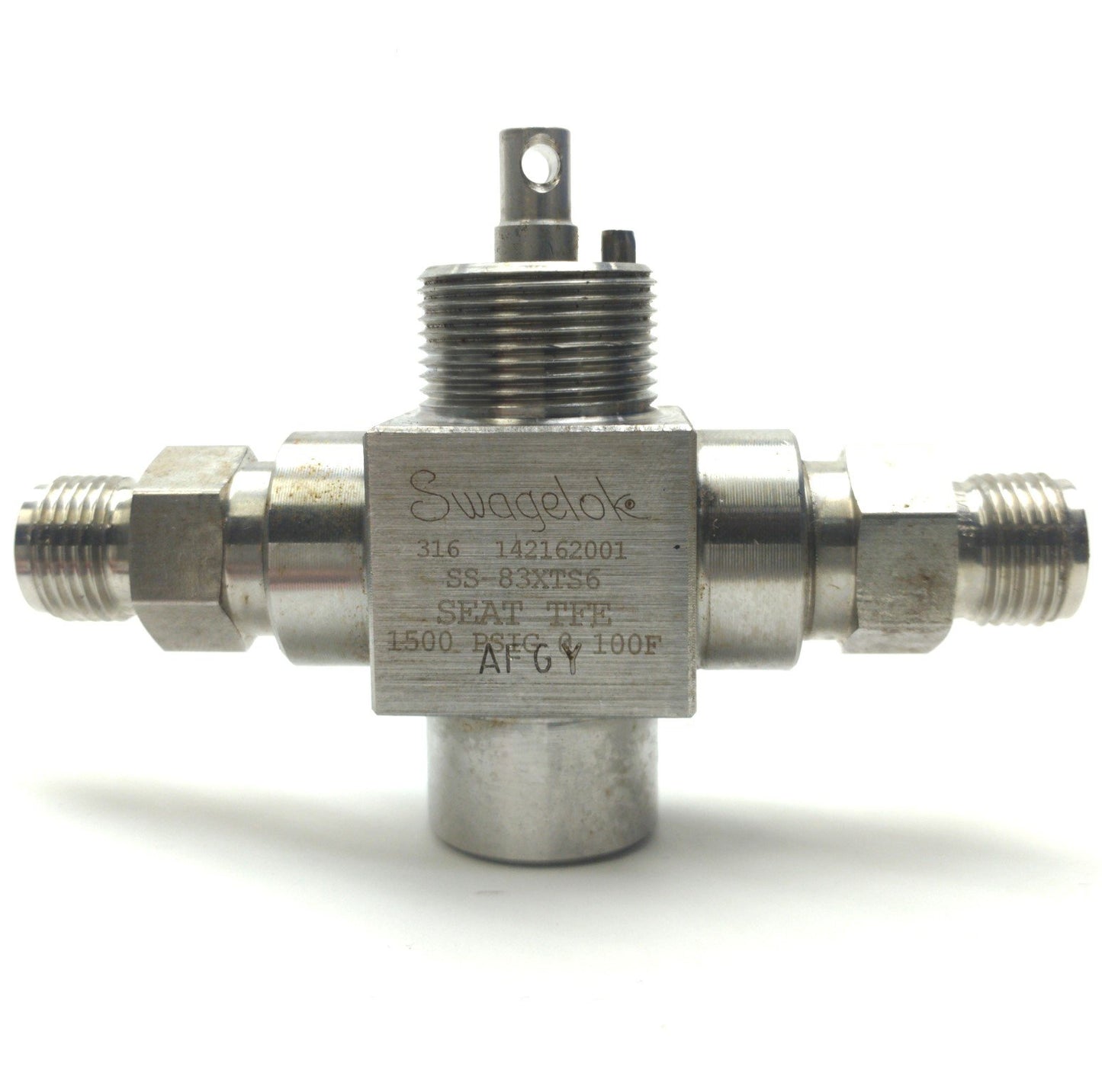 Used Swagelok SS-83XTS6 3-Way Ball Valve 1500PSI Ports: 2x 3/8" Hose 1/4"NPT 316 SS