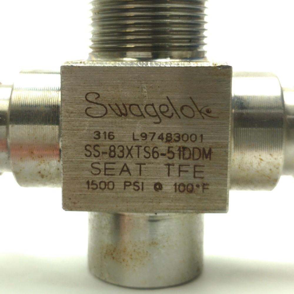 Used Swagelok SS-83XTS6-51DDM 3-Way Ball Valve, 1500PSI, 2x 3/8" Hose 1/4"NPT, 316 SS