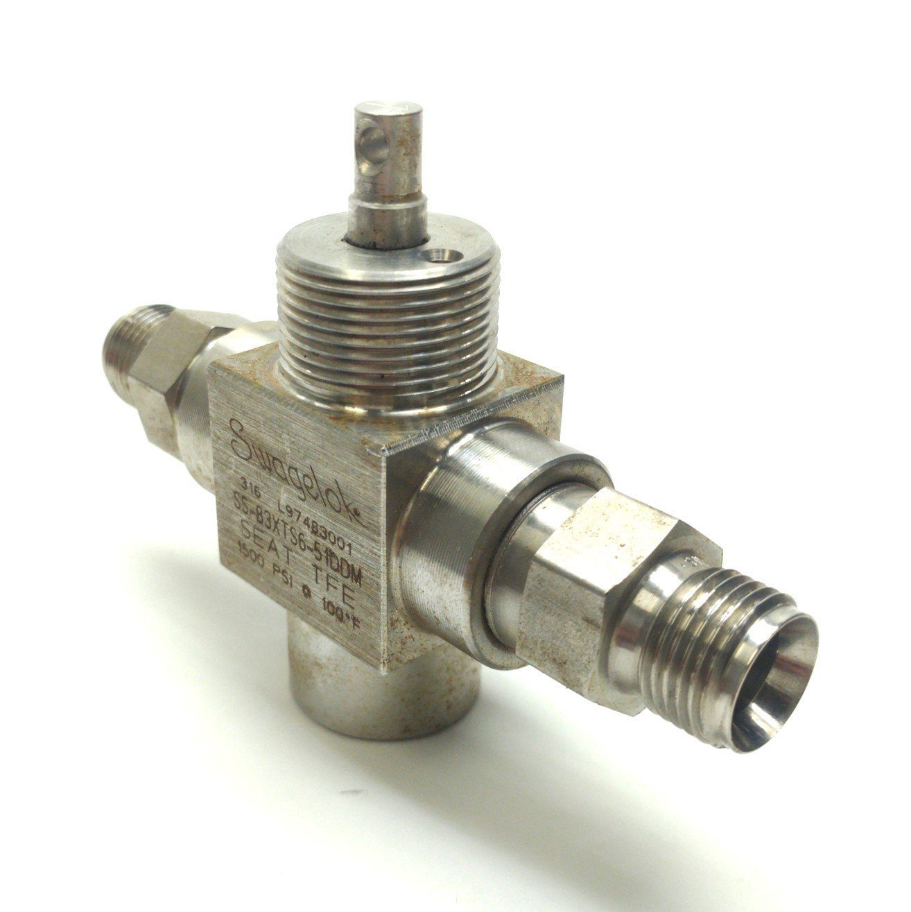 Used Swagelok SS-83XTS6-51DDM 3-Way Ball Valve, 1500PSI, 2x 3/8" Hose 1/4"NPT, 316 SS