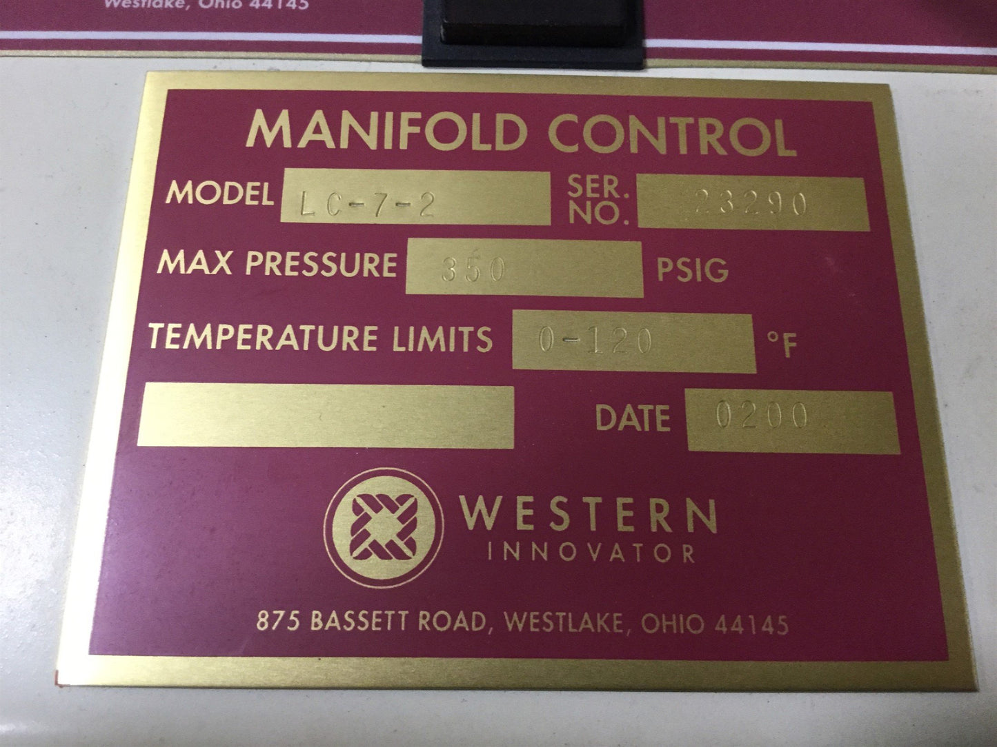 Used Western Innovator LC-7-2 Manifold for Nitrogen, Two Cylinders, 350 PSI 120°F