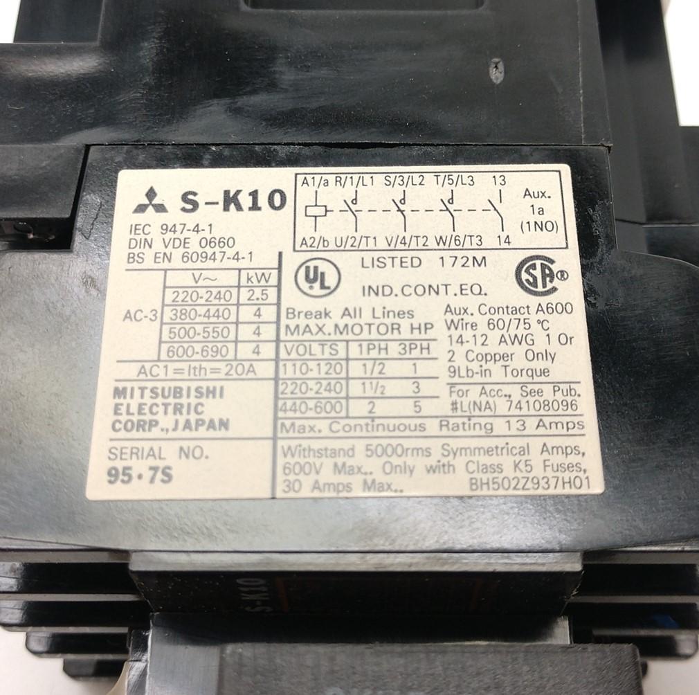 Used Mitsubishi S-K10 Contactor, 3-Pole with N/O Aux, W/ UA-AX2 Auxiliary Block