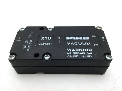 Used PIAB X10 32.01.084 Vacuum Pump 18inHg 87 PSI 0.6MPa Max In: 1/8"NPT Out: 10-32