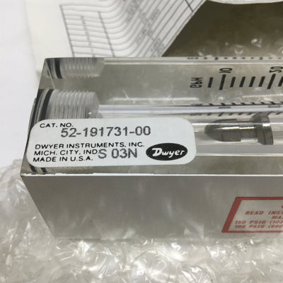 New – Open box Dwyer 52-191731-00 Visi-Float Flow Rotameter Gauge 8-40GPH Water, 3/8" NPT