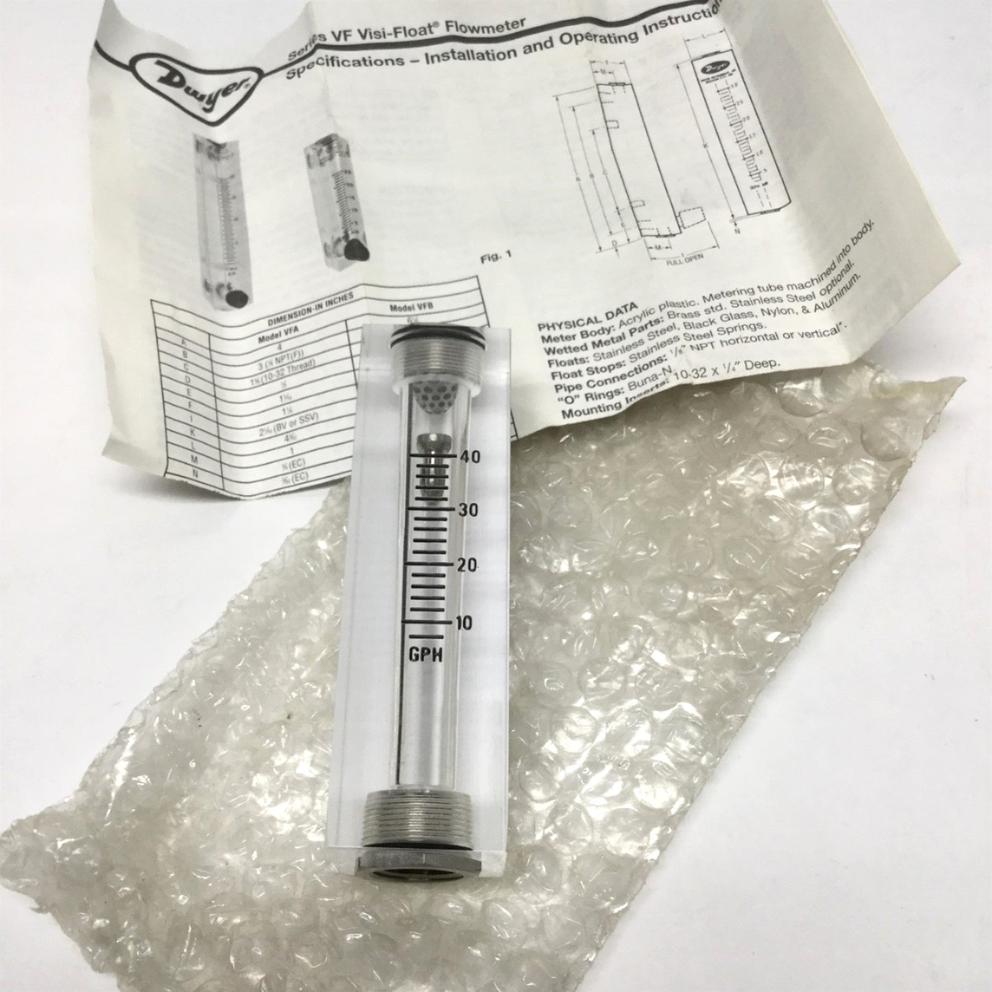 New – Open box Dwyer 52-191731-00 Visi-Float Flow Rotameter Gauge 8-40GPH Water, 3/8" NPT