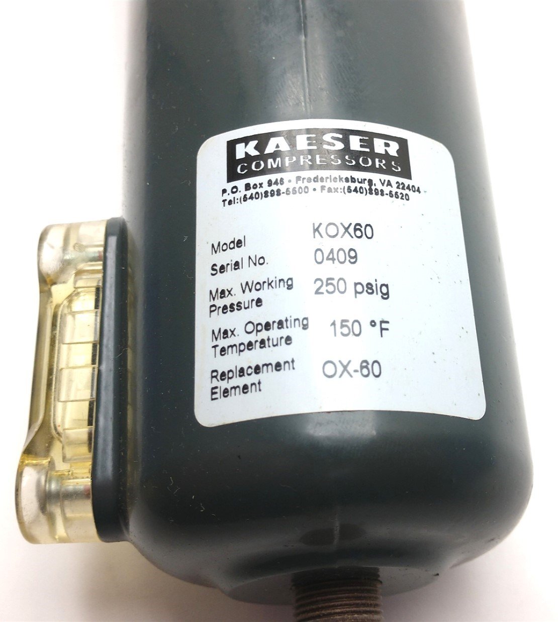 Used Kaeser KOX-60 Vapor Absorber, 1/2" NPT 250PSIG 150°F Replacement Element: OX-60