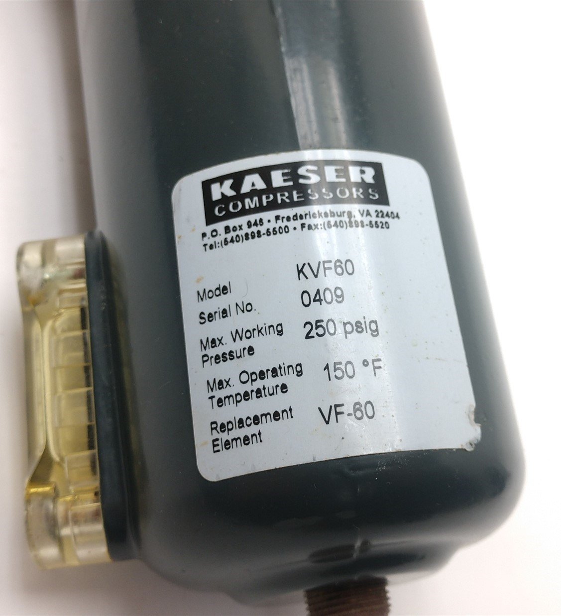 Used Kaeser KVF-60 Vapor Absorber, 1/2" NPT 250PSIG 150°F Replacement Element: VF-60