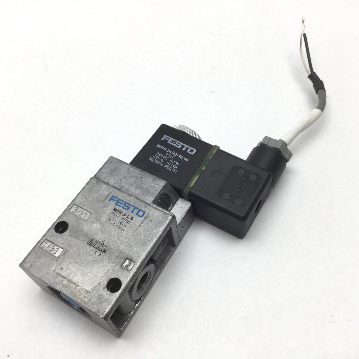 Used Festo MFH-3-1/8 Solenoid Valve, 2-Position 3-Way, Ports: G 1/8, 24VDC/42VAC