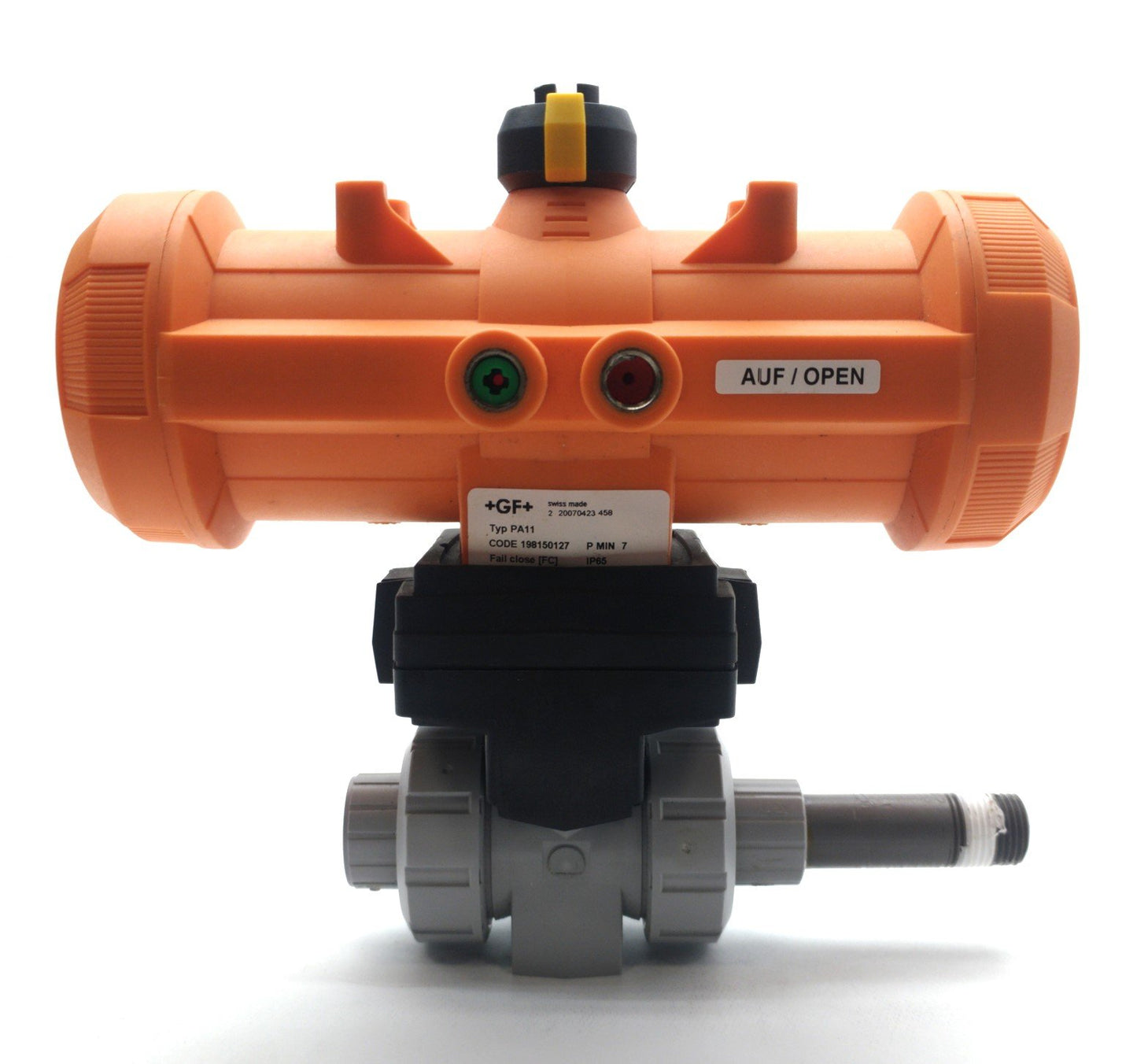 Used GF Type 233 Pneumatically Actuated Ball Valve, 3/8"NPT, 100PSI Control, NC, PVC
