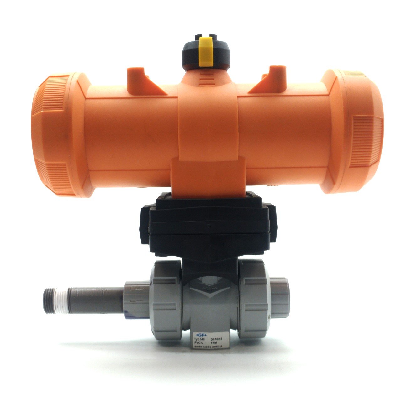 Used GF Type 233 Pneumatically Actuated Ball Valve, 3/8"NPT, 100PSI Control, NC, PVC