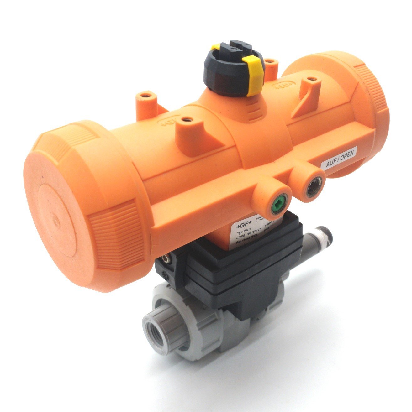 Used GF Type 233 Pneumatically Actuated Ball Valve, 3/8"NPT, 100PSI Control, NC, PVC
