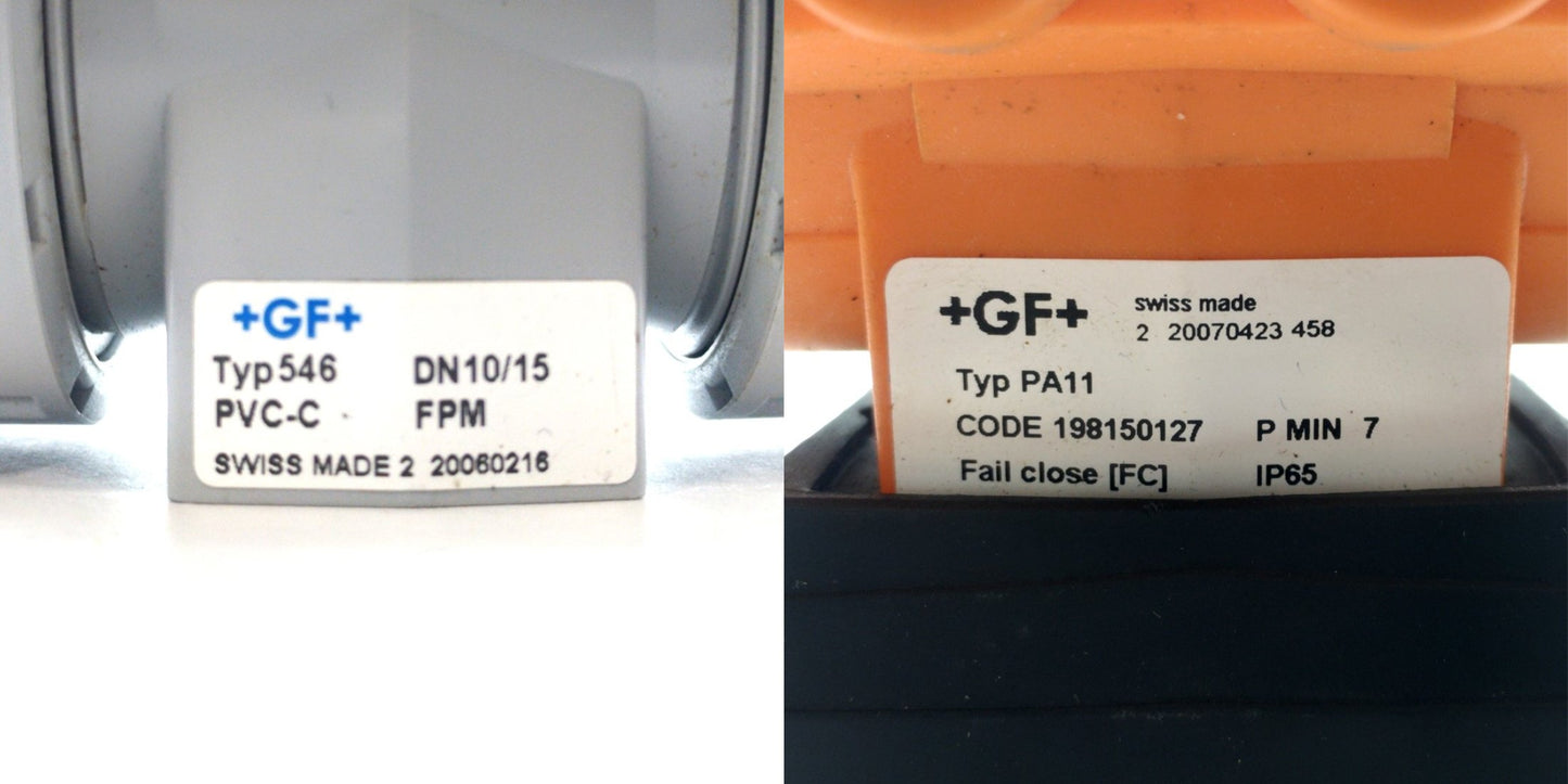 Used GF Type 233 Pneumatically Actuated Ball Valve, 3/8"NPT, 100PSI Control, NC, PVC