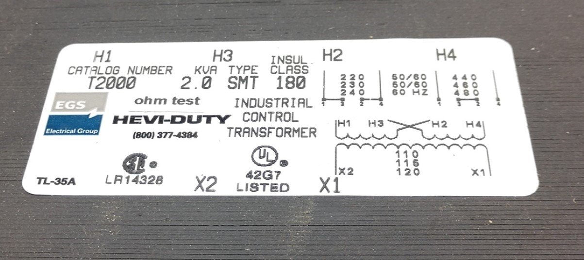 Used Sola Hevi-Duty T2000 Transformer, 2.0KVA, Primary: 240/480V, Secondary: 120V