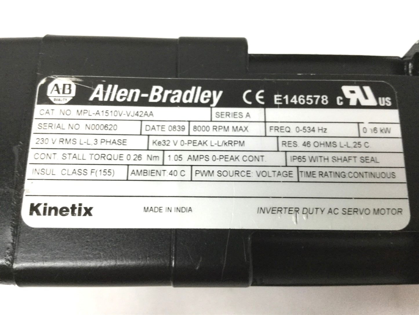 Used Allen Bradley MPL-A1510V-VJ42AA Kinetix AC Servo Motor, 230V 3-Phase, 8000RPM