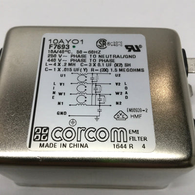 Used Corcom 10AYO1 F7693 Power Line Filter RFI EMI 10A, 250/440VAC 3-Phase WYE