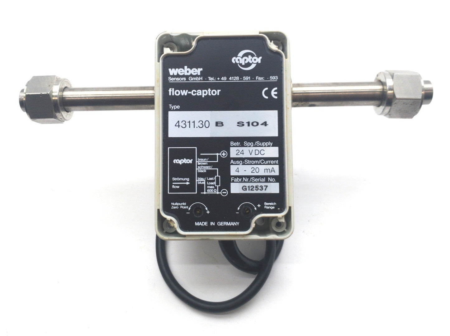 Used weber 4311.30B/12 Flow-Captor Sensor 0-3.2ft/s 435PSI 12mm Tube 4-20mA 24VDC