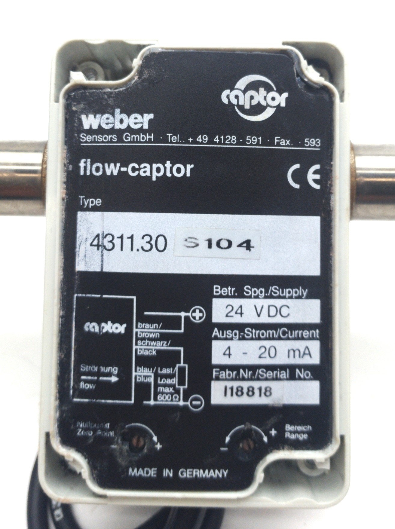 Used weber 4311.30/18 Flow-Captor Sensor 0-3.2ft/s 435PSI 18mm Tube 4-20mA 24VDC