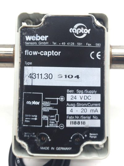 Used weber 4311.30/18 Flow-Captor Sensor 0-3.2ft/s 435PSI 18mm Tube 4-20mA 24VDC