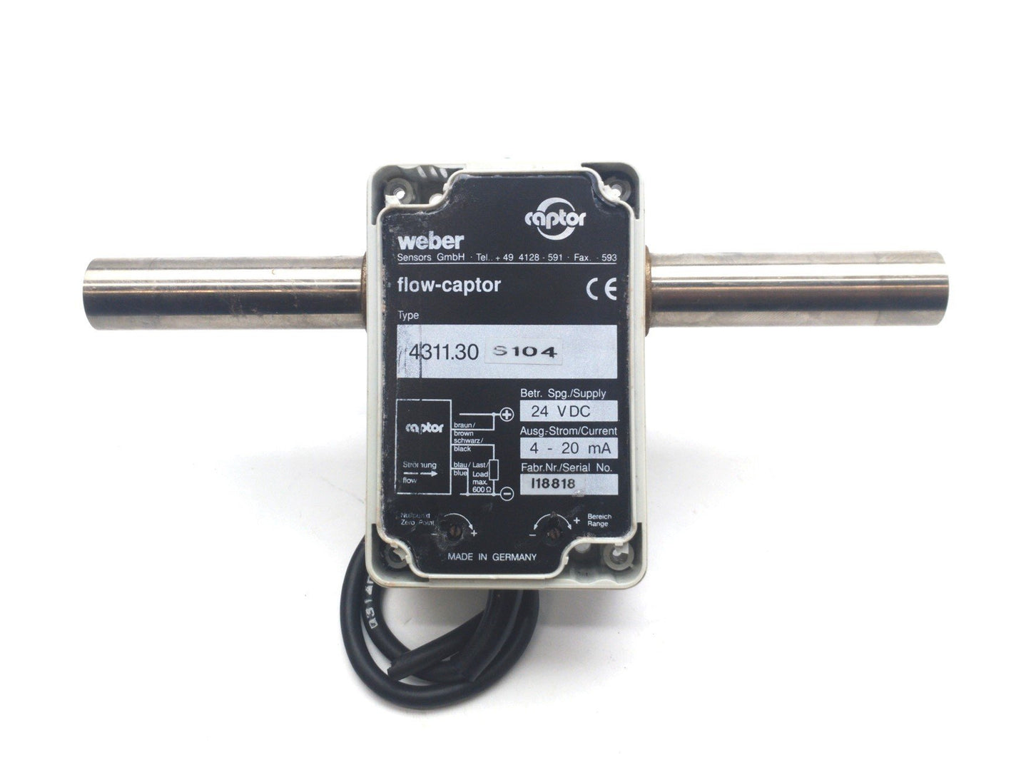 Used weber 4311.30/18 Flow-Captor Sensor 0-3.2ft/s 435PSI 18mm Tube 4-20mA 24VDC