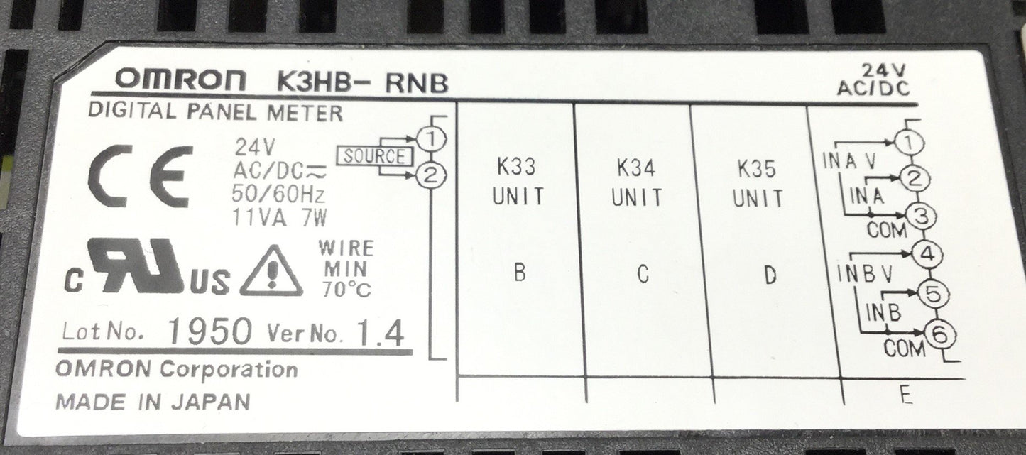 Used Omron K3HB-RNB Digital Rotary Pulse Meter NPN Input, 24VAC/DC, 50/60Hz, 11VA, 7W