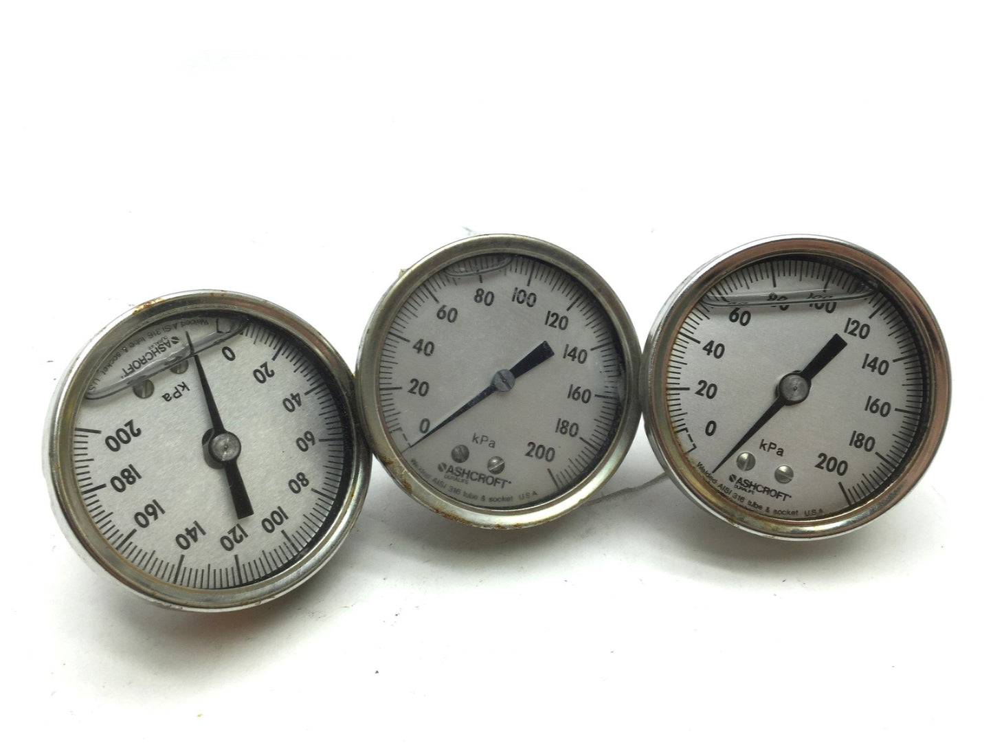 Used Lot of 3 Ashcroft 0-200 kPa Pressure Gauge Glycerin Filled 1/4" NPT 316 SS