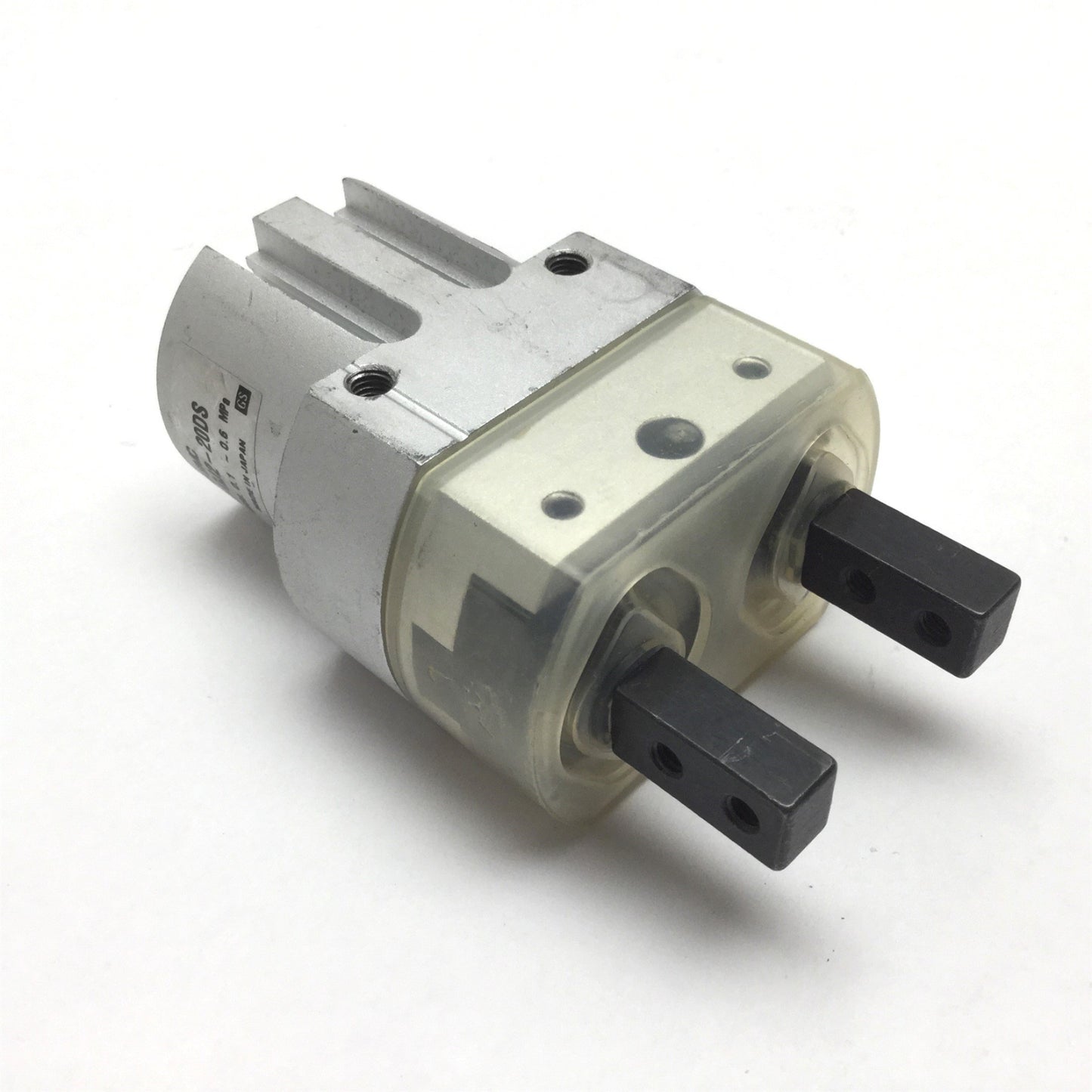 Used SMC MHQJ2-20DS Pneumatic Gripper, Bore: 20mm, Stroke: 10mm, Ports: M5x0.8