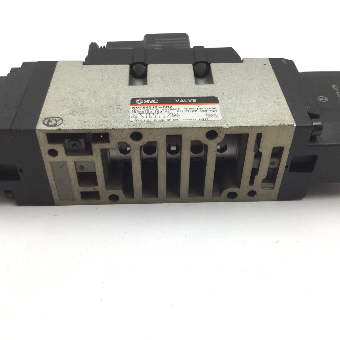 Used SMC NVFS4510-5DZ Solenoid Valve, 3-Position 5-Port, Voltage: 24VDC, 22-150psi