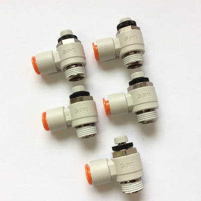 New – Open box Lot of 5 SMC AS3211F-N03-11S-J Pneumatic Flow Control Elbow Fitting 3/8" x 3/8"