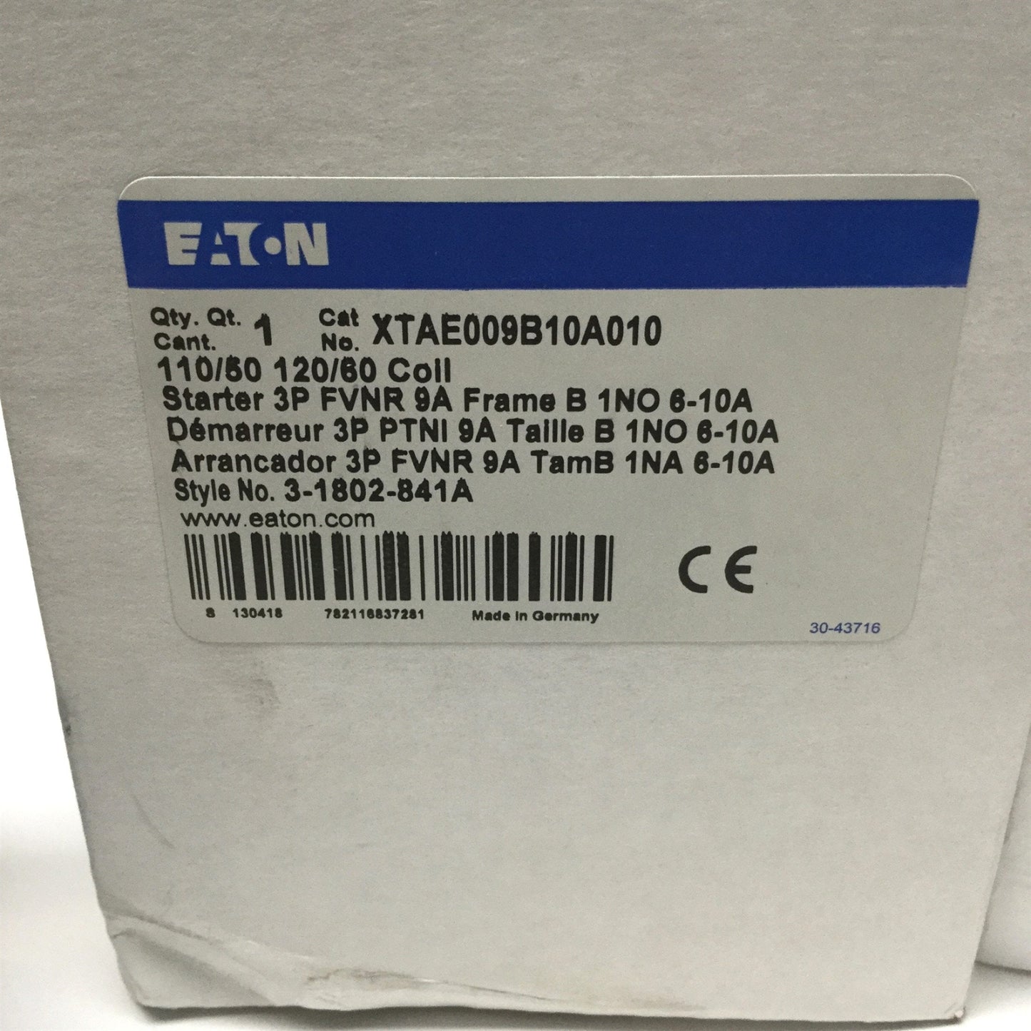 New Other Eaton XTAE009B10A010 3-Pole Motor Starter DOL 9A, 1NO 6-10A, 110-120VAC Coil