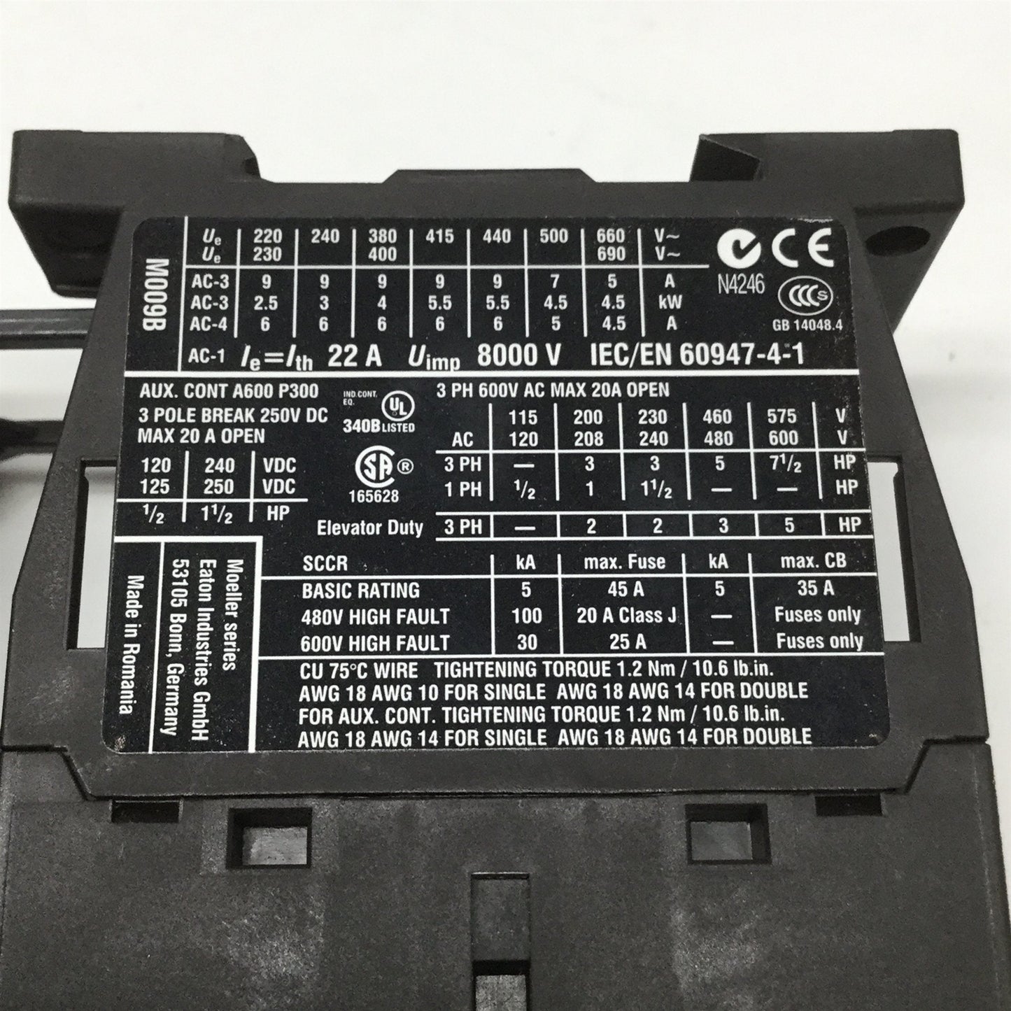 New Other Eaton XTAE009B10A010 3-Pole Motor Starter DOL 9A, 1NO 6-10A, 110-120VAC Coil