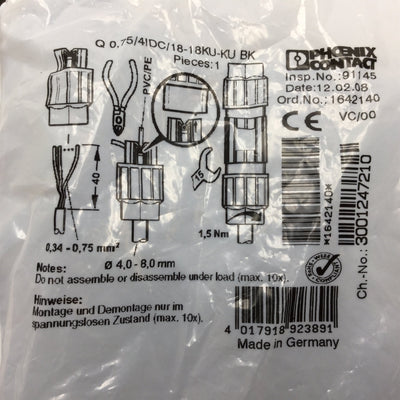 New Lot of 3 New Phoenix Contact Q 0,75/4 IDC/18-18 KU-KU BK Conductor Connector